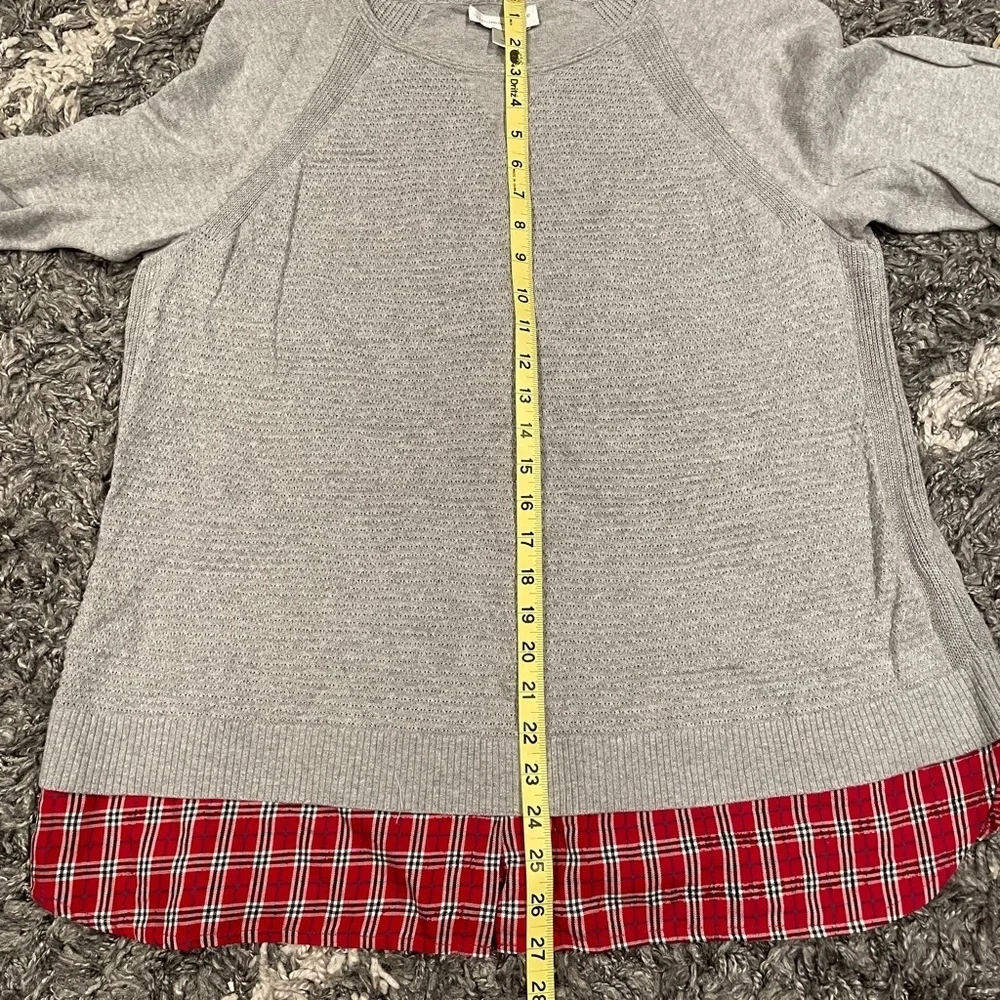 Christopher & Banks Grey Sweater Red plaid Holiday 100% Cotton Stretch Size XL